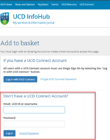 Screenshot of Booking Centre login with the Don't have a UCD Connect account option highlighted